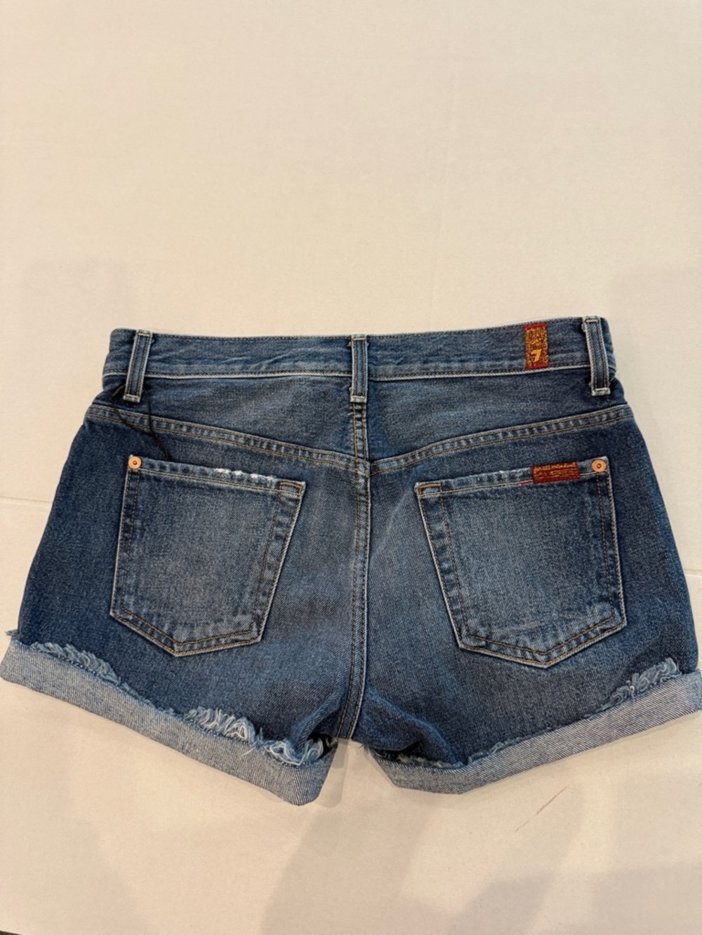 7 For All Mankind Distressed Dark Blue Denim Shorts - Picture 6 of 11